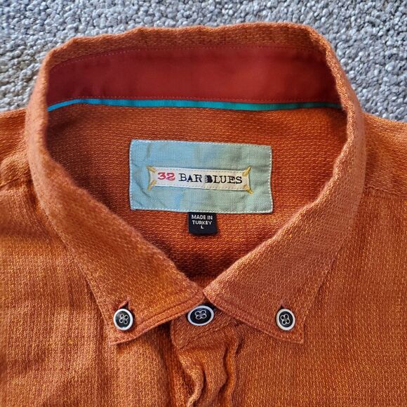 32 Bar Blues Shirt Mens Large Orange Button Up Linen - Picture 3 of 9